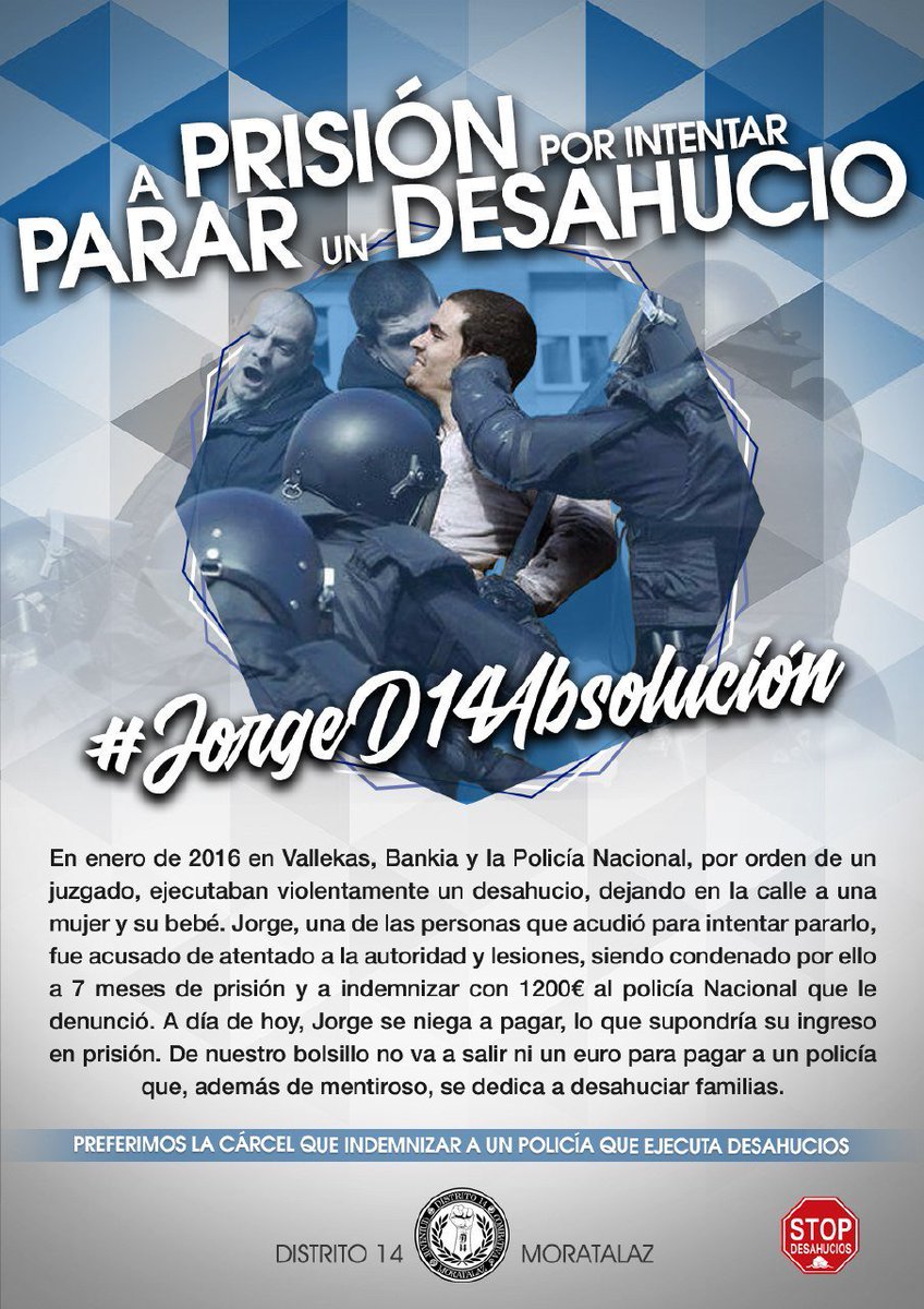 Acusación falsa desde un principio, proceso lleno de irregularidades para castigar a un compañero por defender el derecho a la vivienda y para aleccionar al resto.
Solidaridad con #JorgeD14Absolución que no pagará un sobresueldo a un policía por falsas acusaciones. #StopRepresion