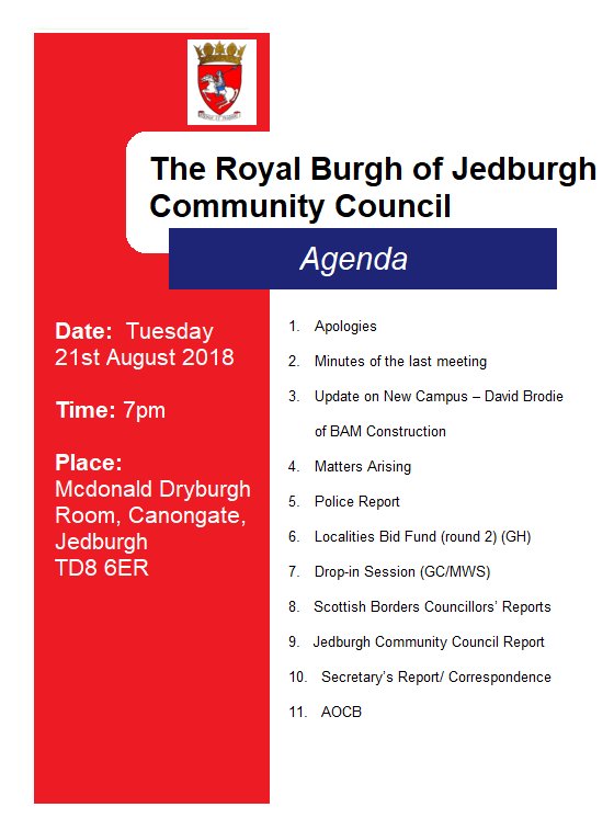 visitjedburgh's tweet photo. We are expecting a representative from BAM Construction to attend to update the community council on the new Campus.

The meeting is open to the public. https://t.co/hlCjYMnHbu