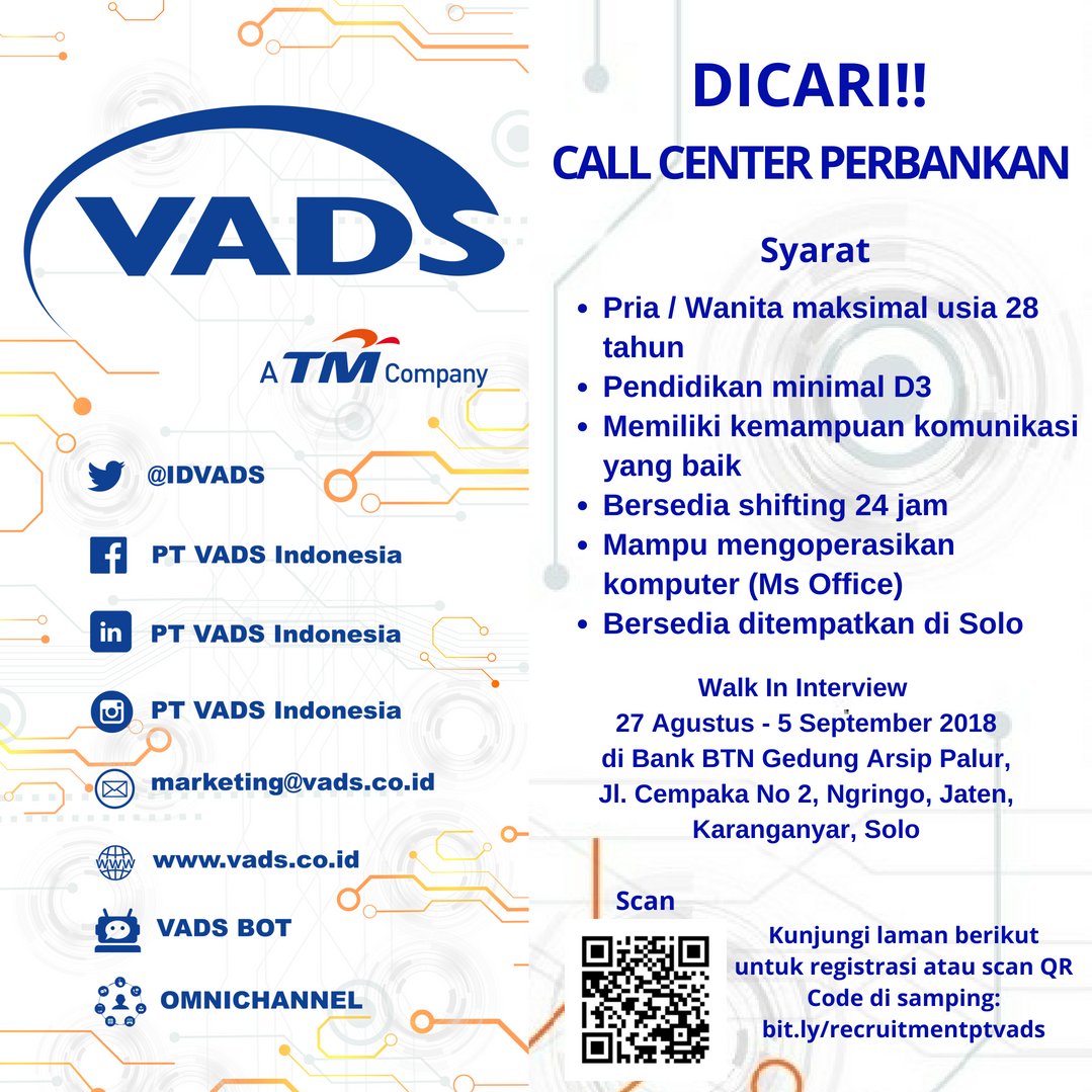 VADSID's tweet photo. PT VADS Indonesia saat ini sedang membuka lowongan pekerjaan untuk area Solo dengan posisi sebagai Call Center Perbankan.

@jogjawork @jogjaloker @loker.jogjajateng @loker.jogja #VADScancy #VADSter #IDVADS https://t.co/EKTy8uAWOv