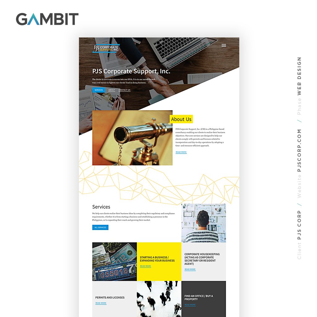 gambitph's tweet image. Proud to work with awesome people at PJS Corp. Thanks for entrusting us with strategizing your online presence. Hope the #website reflects the unique services you offer to budding #businesses. 
pjscorp.com
