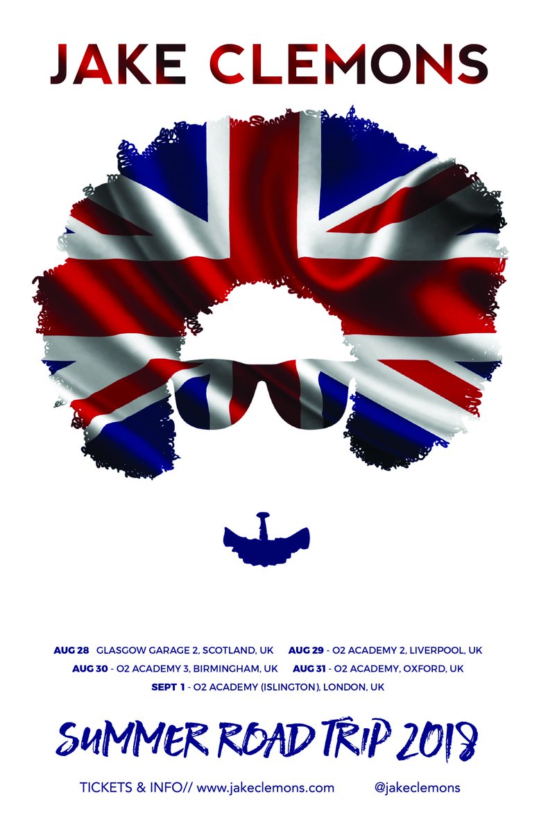 "Summer Road Trip 2018" is heading to the UK in 2 weeks. <a href="/academyamg/">Academy Music Group</a> <a href="/Garageglasgow/">The Garage Glasgow</a> <a href="/O2AcademyLpool/">O2 Academy Liverpool</a> @o2academybham <a href="/O2AcademyOxford/">O2 Academy Oxford</a> @O2Islington Tickets &amp; Info jakeclemons.com