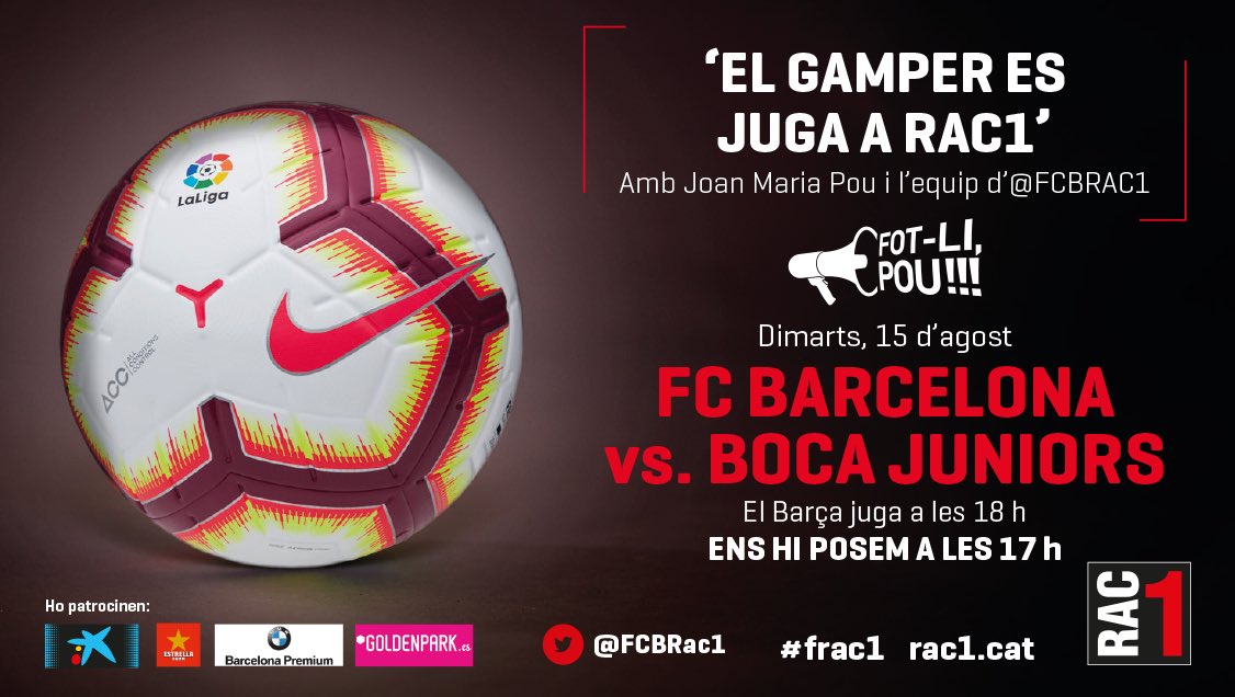 🎟Sortegem 2 entrades dobles pel GAMPER 
👉Fes un RT 

⚽Barça🆚Boca Juniors
📆dimecres 15/8 ⏰18h
📍Camp Nou
🍀Sorteig dimarts al #TuDiràs