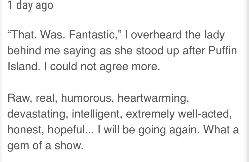 puffinislplay's tweet photo. Another audience review for Puffin Island! One more week! #puffinisland #edfringe #InToTheUnknown https://t.co/jkLdPrdG6n