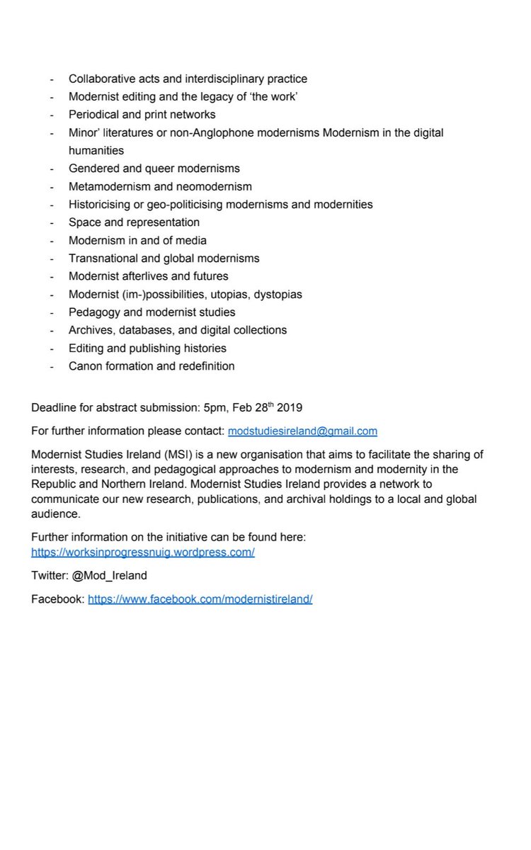 Mod_Ireland's tweet photo. CALL FOR PAPERS. We are delighted to announce our inaugural conference, Modernist Legacies and Futures, which will take place in NUI Galway on 17 May 2019. Deadline for submissions is 28 February.  See full CUP below! https://t.co/BsSqzItNFo