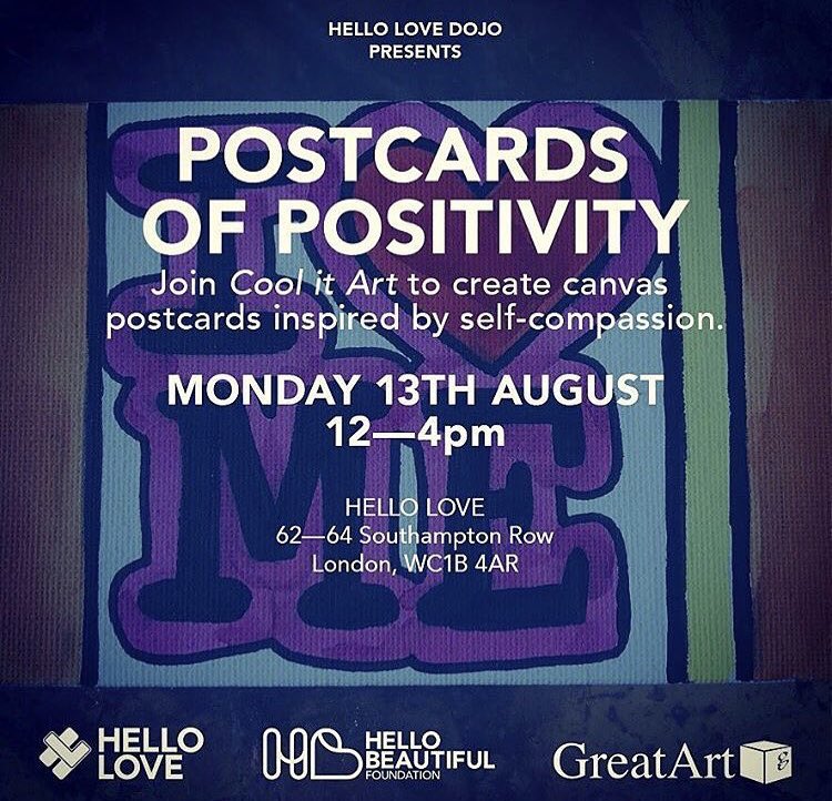 CoolitArt's tweet photo. @hello_tlc pls RT: drop in session today 12-4 @ Hello Love, Bloomsbury - fun for all ages - “Postcards of Positivity” create 1 to take home and make 1 to raise money for #cancerawareness #postcardsofpositivity #selfcompassion #freeworkshop https://t.co/B03TZKWfTS