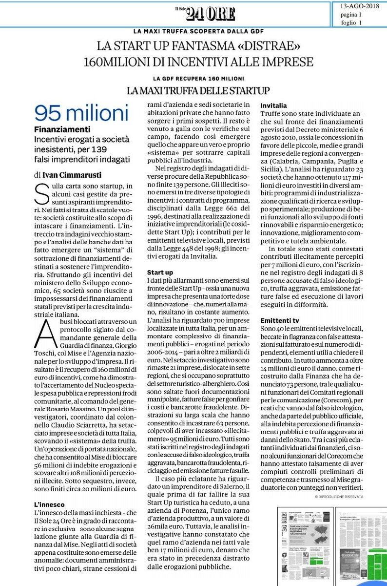 supermik14's tweet photo. "La #startup fantasma distrae 160 mln di incentivi alle #imprese" via @IvanCimma @sole24ore
L'operazione della @GDF smaschera la truffa:
📌analisi su 700 imprese
📌su 2 mld finanziamenti dal 2006 al 2014
📌139 falsi imprenditori indagati
📌95 mln erogati a società inesistenti https://t.co/lJRKBvT0mS