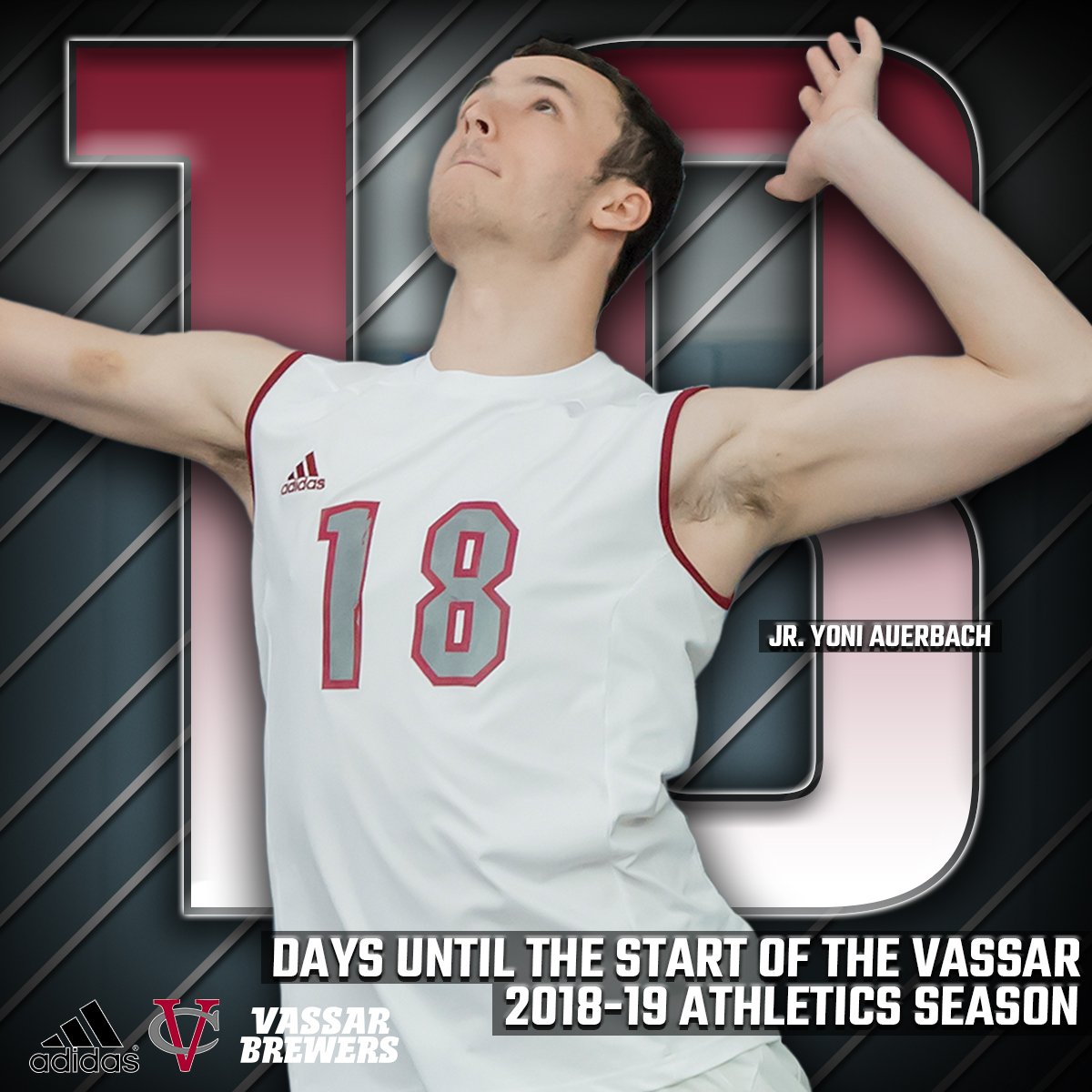VassarAthletics's tweet photo. COUNTDOWN | 18 days until we're back to action with Vassar Athletics, as @VassarMVB and junior Yoni Auerbach looks to continue their run of success. Come check out MVB and all 27 teams this 2018-19 campaign! #OnABrewLevel https://t.co/0QJ6gDHTXA