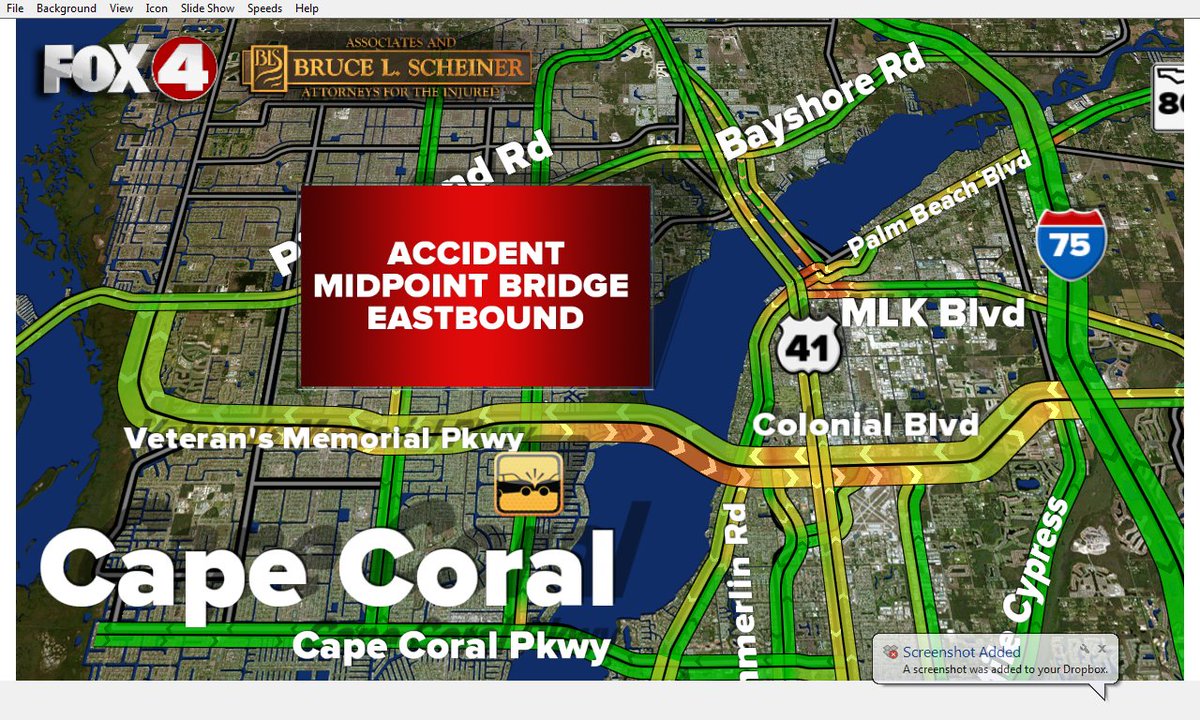 Fox4Now's tweet photo. TRAFFIC ALERT | @leesheriff reporting a crash on the Midpoint Bridge heading eastbound. Expect delays #SWFL #TrafficAlert https://t.co/k7gpvZw26K