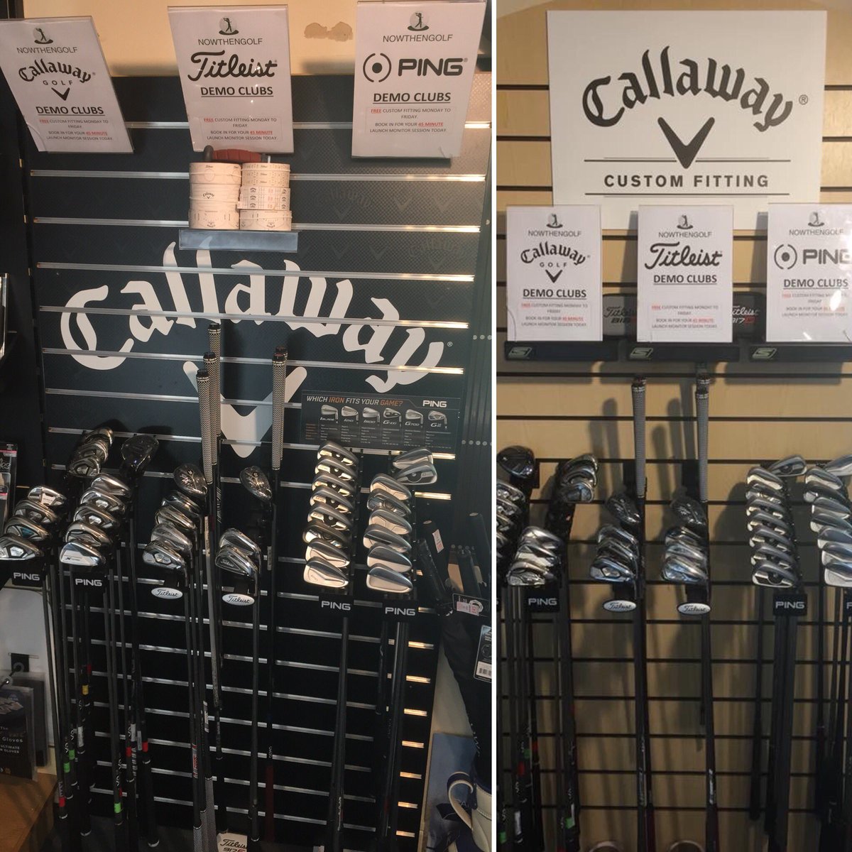 Slight chance around while course maintenance is on. First, moving the Callaway Black slat wall so it now holds all our demo irons 👍 #JD #FittingMatters