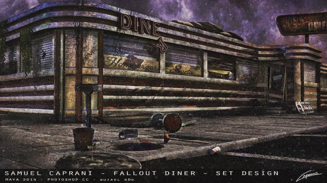 Caprani's tweet image. I created this scene around 4 years ago now. It got a bad grade at uni. But with #Fallout76 approaching I thought it was about time I shared it. It was super fun to work on. Making something clean and new. Then destroying it. Ha.

#american #diner #fallout @bethesda @Fallout
