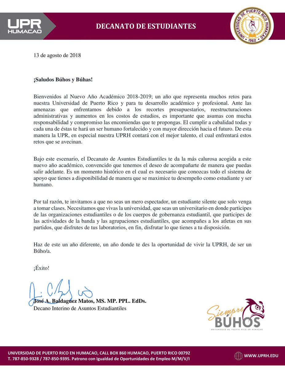 EstudiantilUPRH's tweet photo. #Bienvenida18 | El Decano de Asuntos Estudiantiles les comparte mensaje de bienvenida al nuevo año académico 2018-2019.

#SimepreBúhos https://t.co/GM0o6p7Fnn