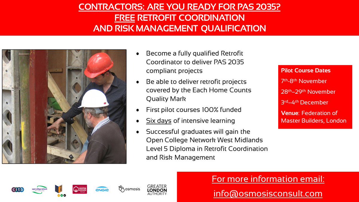 Dates anounced for more FREE pilot courses for new Level 5 Diploma in Retrofit Coordination and Risk Management. Contractors and builders - click link below for more info. 

linkedin.com/feed/update/ur…
