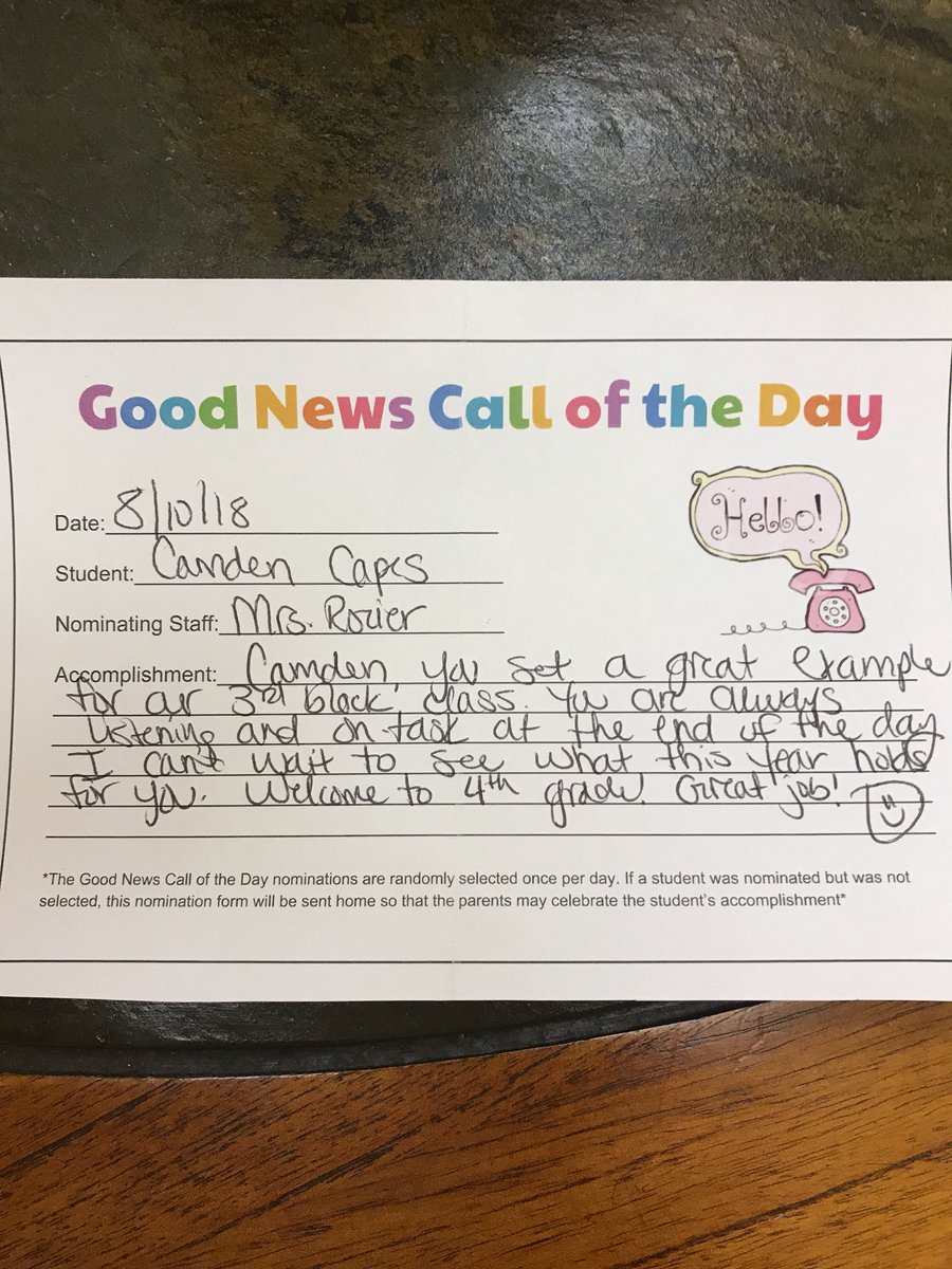 Camden Capes is our Good News Call of the Day! He sets such a good example in class! Welcome to 4th grade! @FloydCoSchools #lovebluelivegold #GoodNewsCallOfTheDay