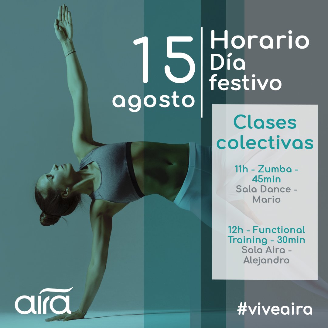 HORARIO 15 #AGOSTO I ¡Seguro que estábais deseando que llegase esta semana para disfrutar del día festivo!
Igual vas a la playa🏖️ o bien vendrás a Aira a hacer deporte🏋️‍♂️
Si es así, ¡este es el horario de las clases colectivas para este #miércoles! 👇