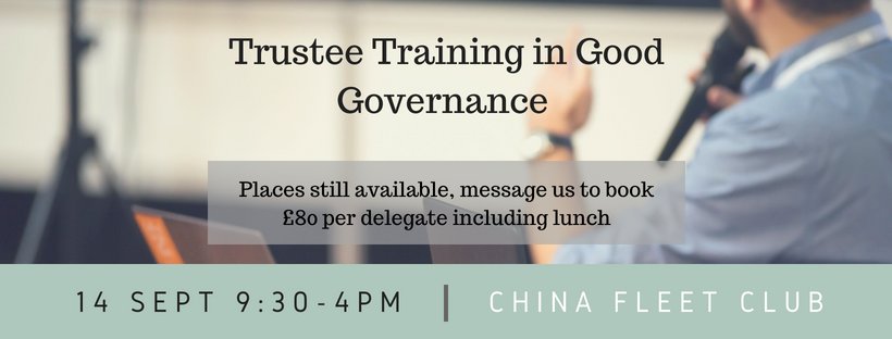 Places still available on our #GoodGovernance course for #charities trustees. Why not book a place to get up to speed with what your responsibilities are. #Training #KnowledgeIsPower <a href="/ChinaFleet/">China Fleet</a> <a href="/thecyproject/">The CYP</a> <a href="/SomersetVCSE/">Somerset VCSE Forum</a> <a href="/volunteerSW/">Volunteer Network</a> <a href="/DevonAirAmb/">Devon Air Ambulance</a>