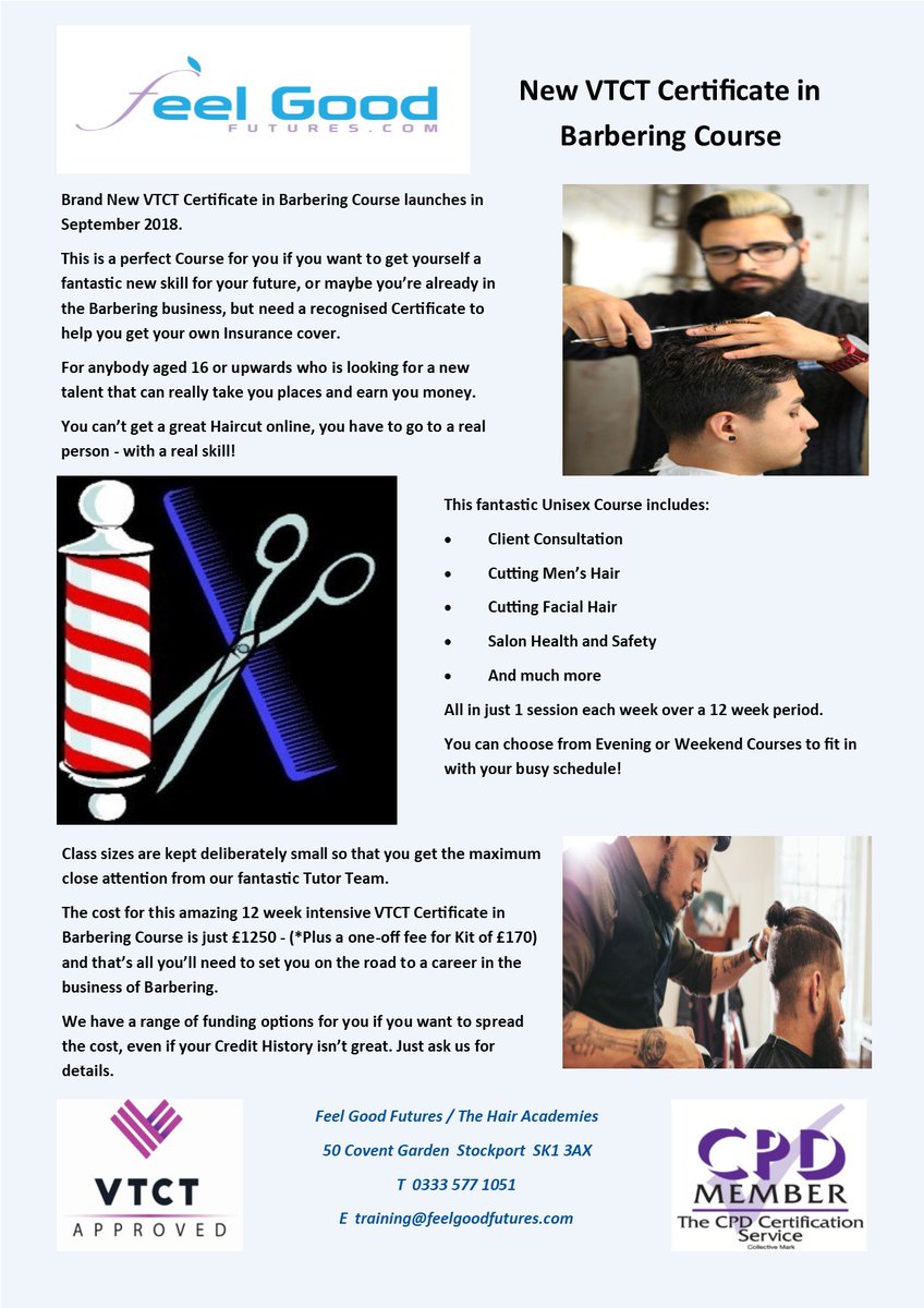 New VTCT Diploma in Barbering Course, enrolling now at <a href="/FeelFutures/">FeelGoodFutures</a>

12 weeks, 1 session each week

Mesage us for details