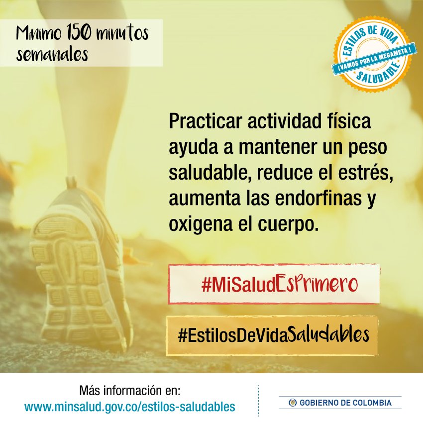 MinSaludCol's tweet photo. Practicar mínimo 150 minutos semanales de actividad física es parte de los #EstilosDeVidaSaludables #MiSaludEsPrimero https://t.co/O8pErCOCg8