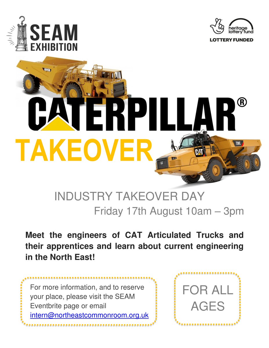 ExhibitionSeam's tweet photo. Meet the engineers of CAT Articulated Trucks and their apprentices and learn about current engineering in the North East! August 17th, 10am - 3pm.
#SEAMExhibtion #Caterpillar #LoveHeritage #ThingstodoinNewcastle #NorthEastEngineering #GetNorth2018 https://t.co/2acS5ZjFE9