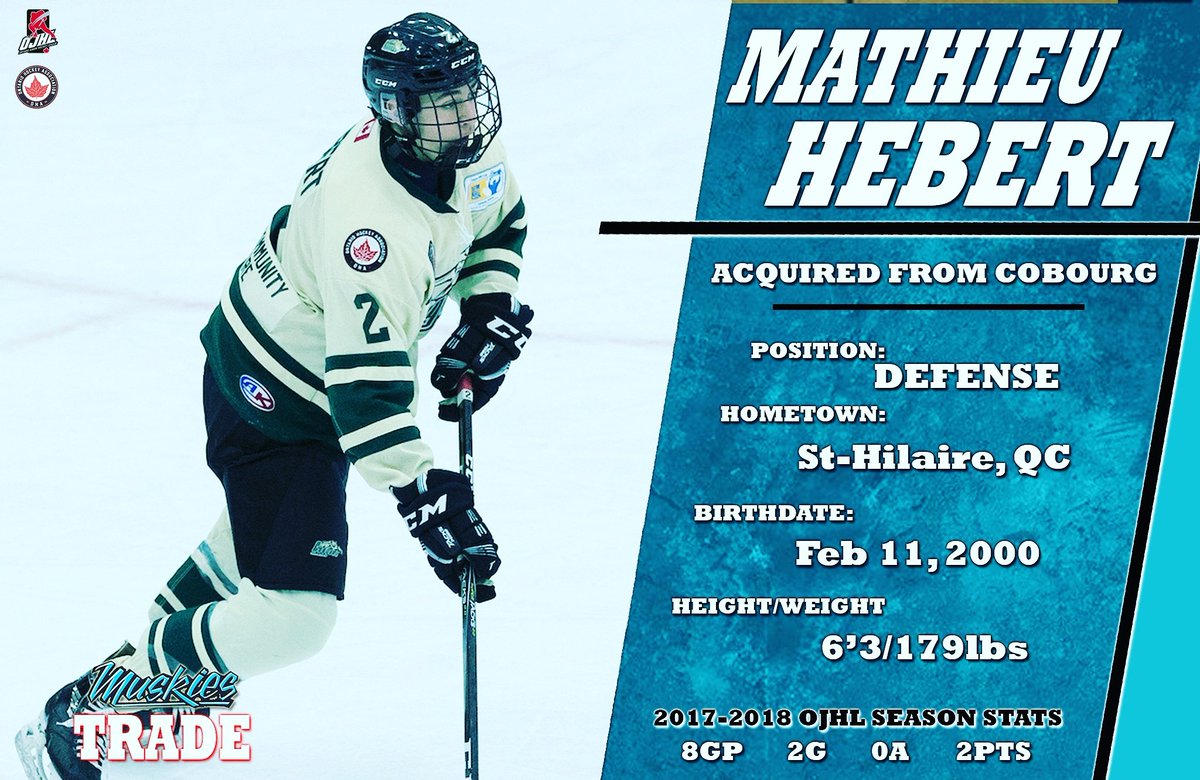 Lindsay Jr. A Muskies (@lindsaymuskies) on Twitter photo 🚨TRADE ALERT🚨
The Muskies have acquired defensemen Mathieu Hebert from the <a href="/CougarsHockey/">Cobourg Cougars</a>. Mathieu played 8 games last year for the Cougars an scored 2 goals.
Welcome to the Fish Pond! 🏒 🚨TRADE ALERT🚨
The Muskies have acquired defensemen Mathieu Hebert from the <a href="/CougarsHockey/">Cobourg Cougars</a>. Mathieu played 8 games last year for the Cougars an scored 2 goals.
Welcome to the Fish Pond! 🏒