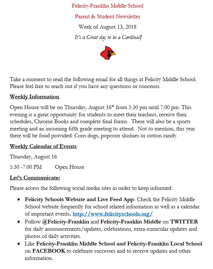 Parent and Student newsletter for Felicity-Franklin Middle School. Please take a moment to read to keep up-to-date on what is happening at Felicity-Franklin Middle School.  Its  great day to be a Cardinal.