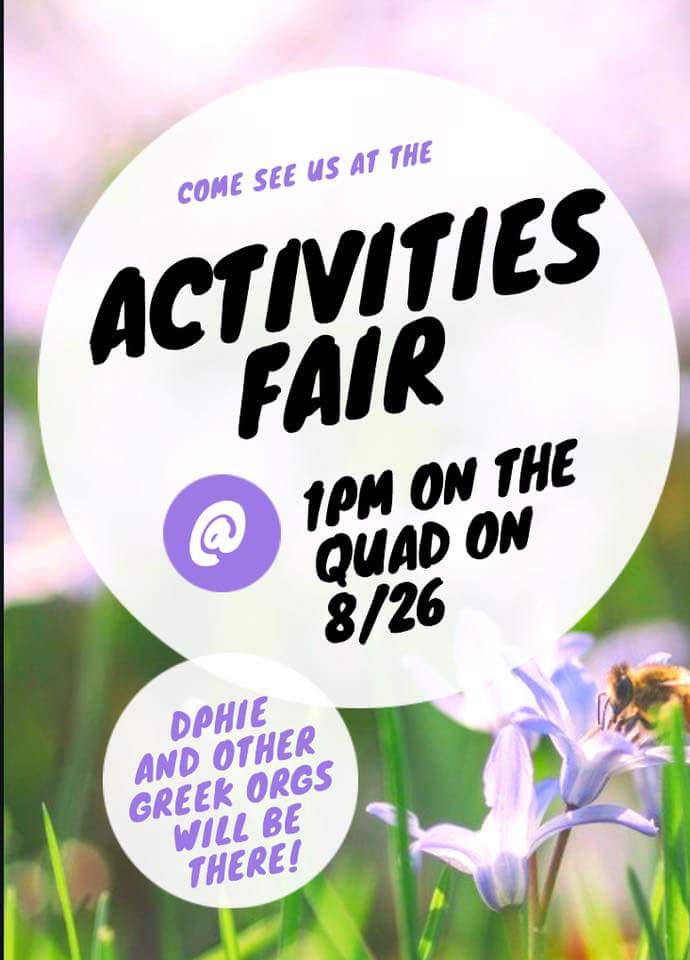 Less than two weeks until the activities fair! Come out to the quad to meet us and other orgs to learn more about Greek life! Can't wait to see you there🤗