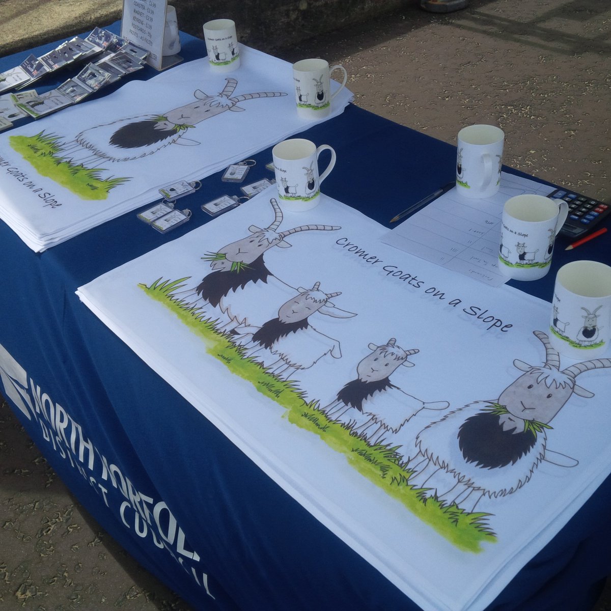 NorthNorfolkDC's tweet photo. Our Cromer Bagots stall did a roaring trade today, overlooked from on high by the lovely creatures themselves. Check out our stand again on Wednesday at @CromerCarnival - this time we'll be at the top of the cliff. #CromerBagots https://t.co/z47dKQqXp4