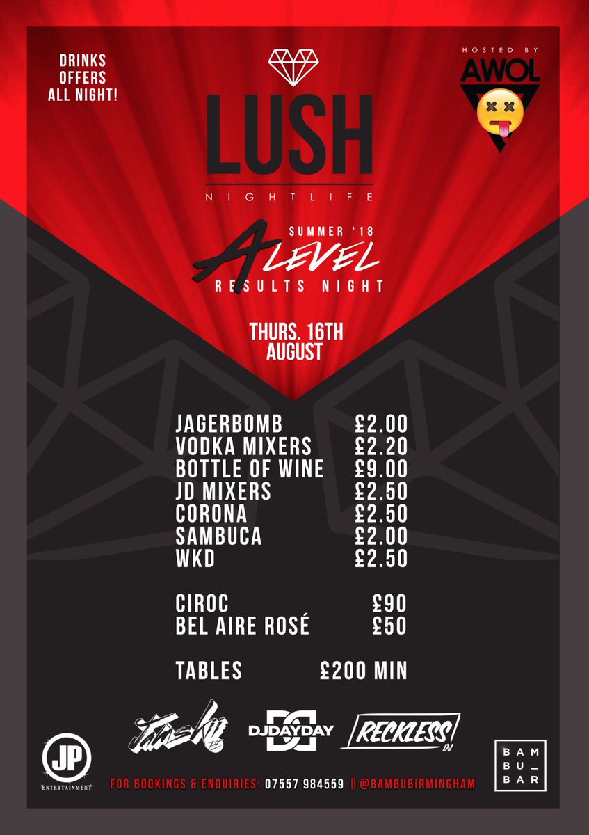 I AM SO EXCITEEEEEEED

❗️THURSDAY❗️

A-Level Summer 18’
RESULTS NIGHT🎉

<a href="/AWOLThursdays/">AWOL Thursdays</a> X @LUSH_BHAM 

• <a href="/DJDOMBRYAN/">Dom Bryan</a> 
• <a href="/DJDAYDAY_/">DJ DAY DAY</a> 
• @RECKLESSDJ_ 
• <a href="/JAMSKIIDJ/">JAMSKIIDJ</a> 
🔥🔥

DM FOR GUEST LIST OR TABLES📲