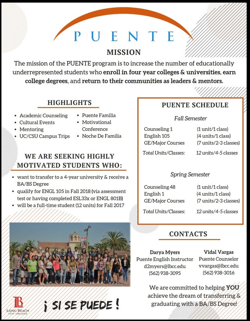 LbccTransfer's tweet photo. Join the PUENTE family - apply today!!!
#PuenteProgram #LBCC #SiSePuede #WeAreLBCCTransfer https://t.co/uyJaQpAsRJ