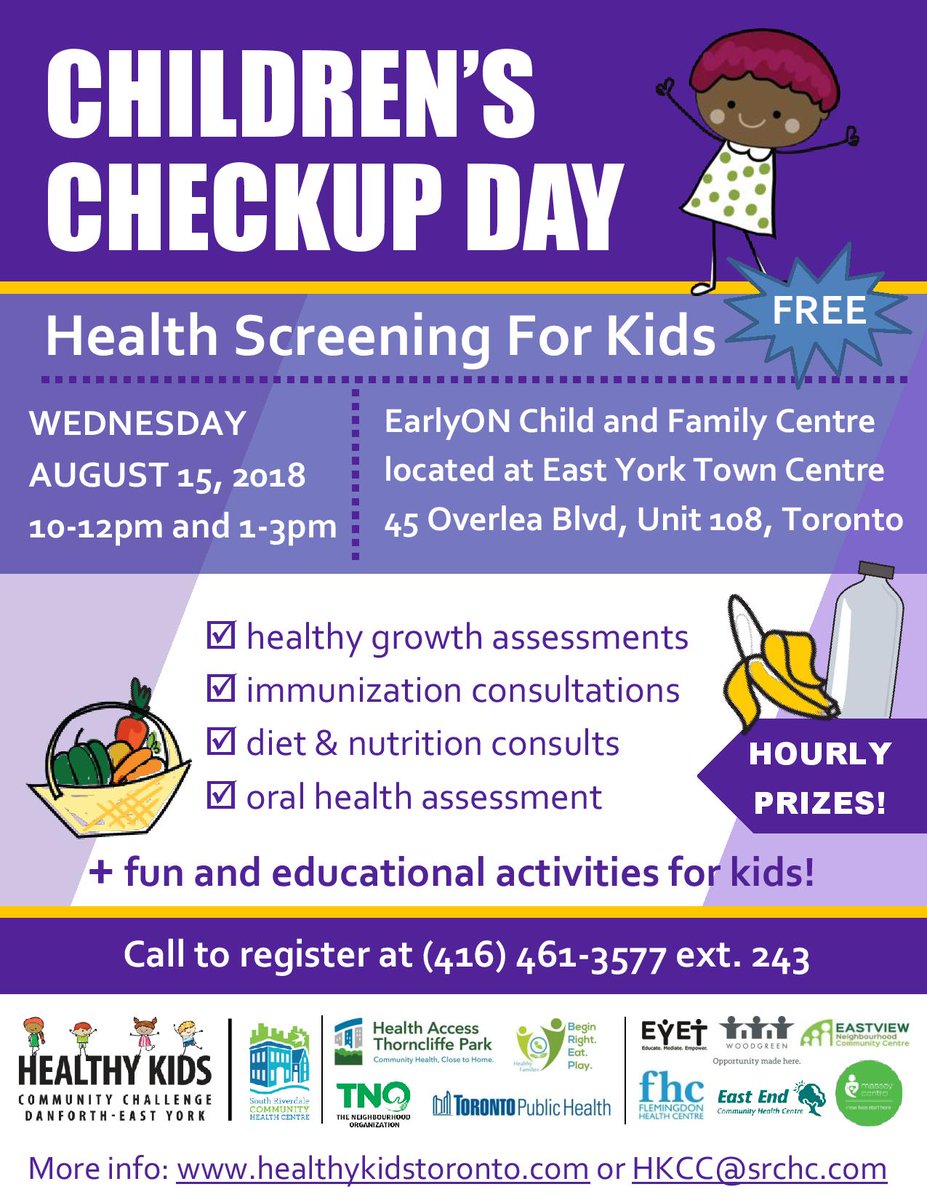 It's back-to-school season and we've partnered with several groups to provide FREE health screenings at our Children's Checkup Day! There'll be assessments, consults, games and more! Check out the flyer/link for details bit.ly/2nAw1RD 👩‍⚕️#HealthyKidsON #torontokids