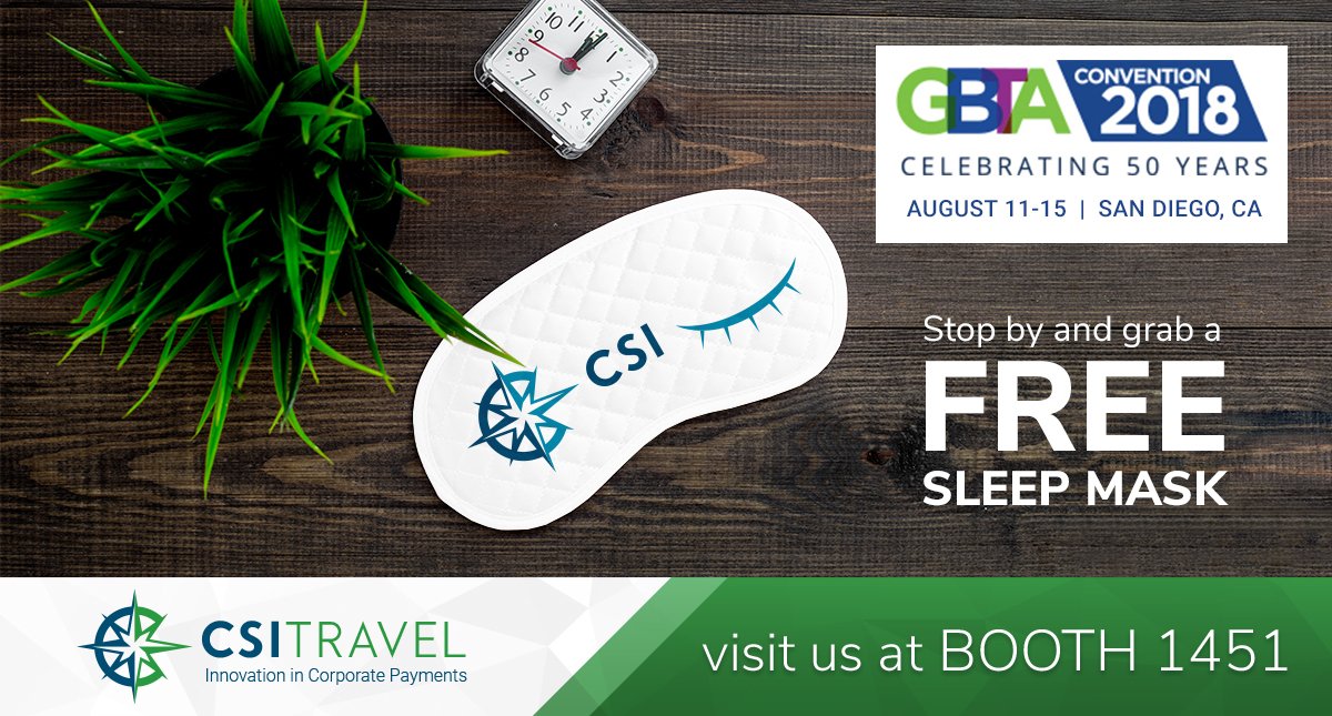 EdenredPayUSA's tweet photo. With virtual card payments (and a CSI sleep mask), you can rest easy knowing your corporate travel program is secure. Stop by Booth 1451 to learn more. #GBTA2018 #CorporateTravel #VirtualCardPayments https://t.co/KRC9A8pFZ5