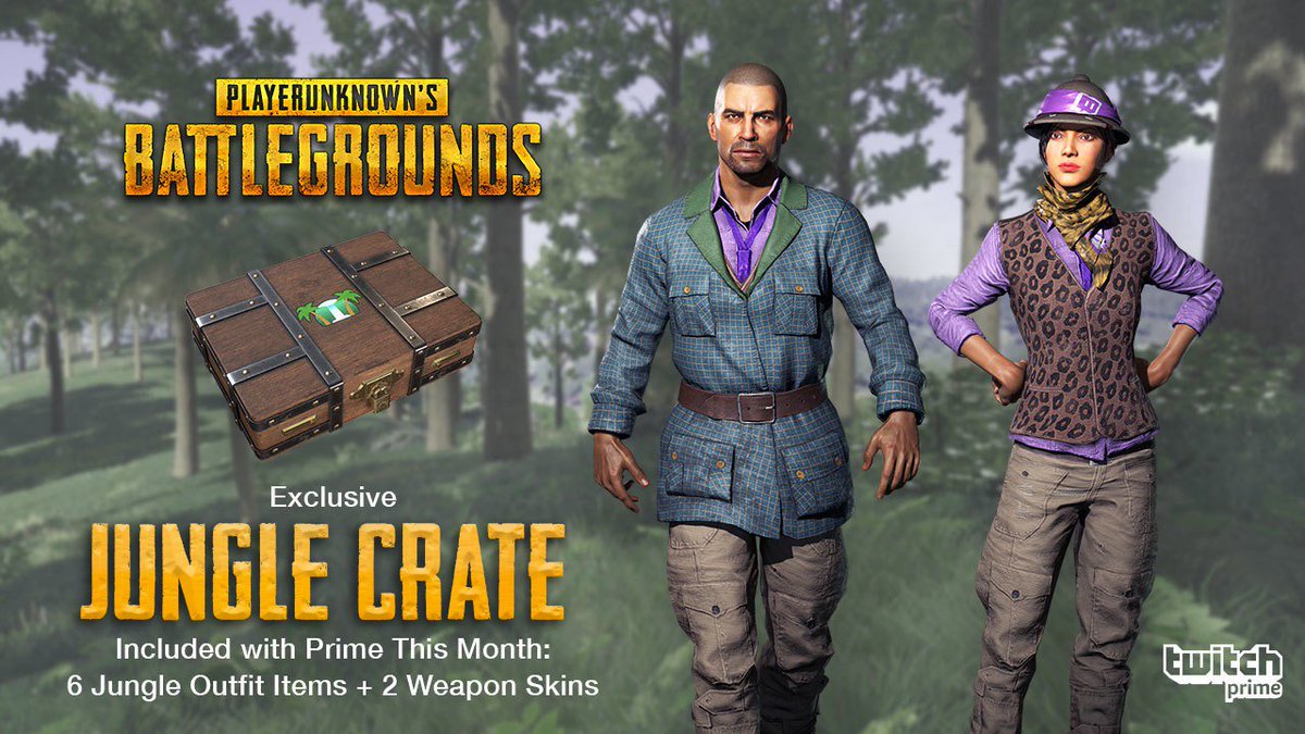 PUBG's tweet image. Welcome to the Jungle, @Twitch Prime members. Starting on August 17, you'll be able to claim the new Jungle Crate, which contains Jungle-themed outfit items and weapon skins. 

Learn more: watch.twitch.tv/2MEYYXu