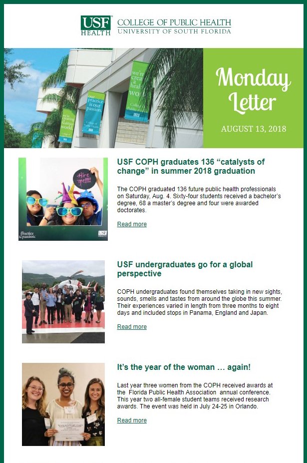 usfcoph's tweet image. Let's celebrate being one week away from classes starting with a dose of the #MondayLetter! From summer study abroad experiences to #FPHA, check out what COPHers have been up to! #USFCOPHRocks! #USFalumni #USFgrads @USFHealth @USFResearch conta.cc/2MHmDqc