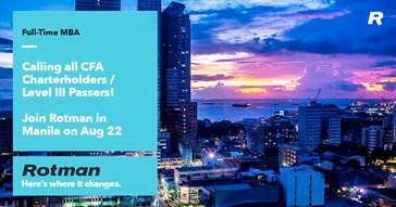 Leigh_atRotman's tweet photo. Calling all #CFA in #Manila Are you thinking about doing your @RotmanMBA? Join University of Toronto / @rotmanschool on August 22  at this exclusive event in Makati City for future #MBAs. Message me for details. https://t.co/Se8ggSw0PV