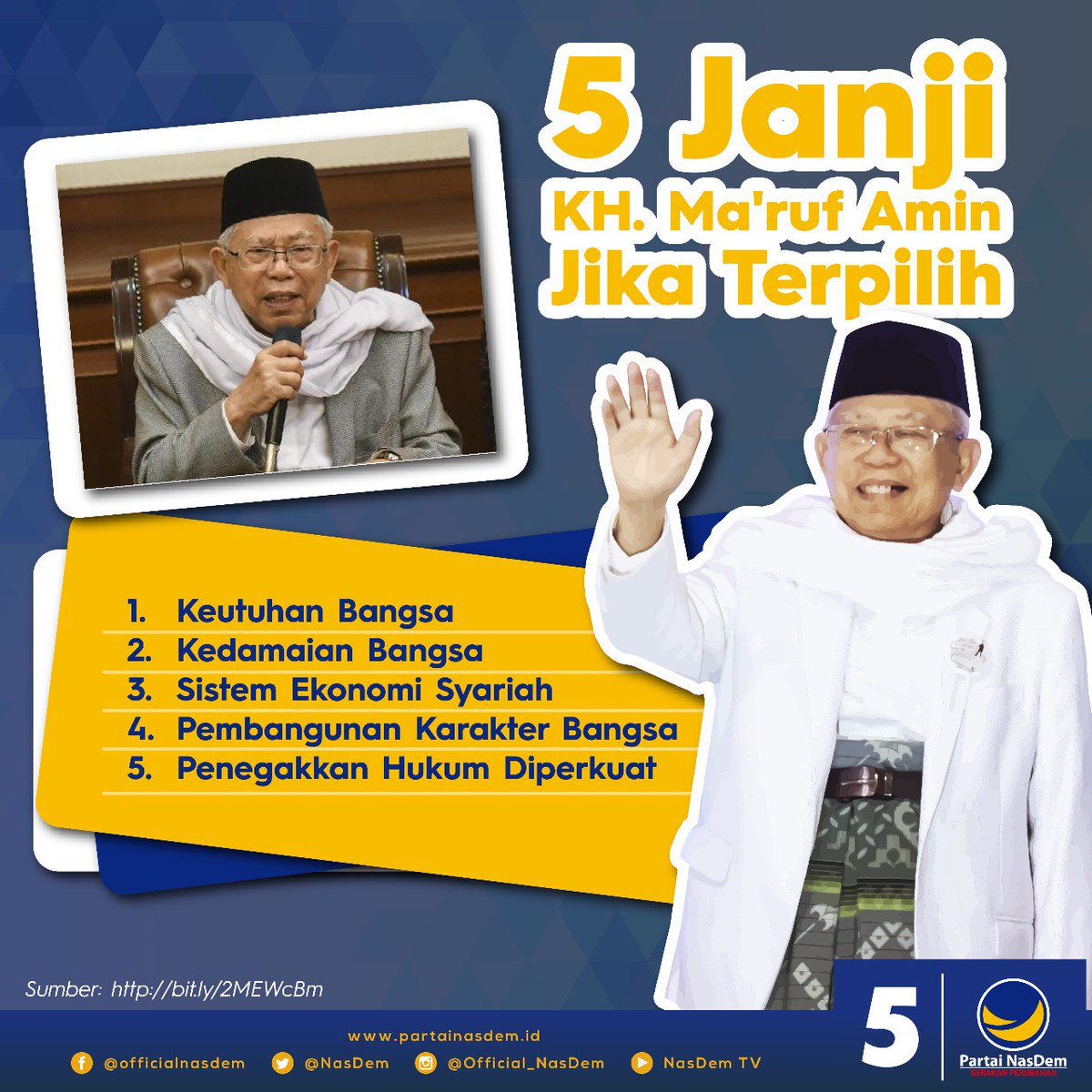 NasDem's tweet photo. Seperti yang sudah kita tahu semua, cawapres yang mendampingi Pak @jokowi ialah KH. Ma’ruf Amin

Tapi tau gak, kalau KH. Maruf Amin sudah memiliki 5 gagasan jika nanti maju menjadi wapres ?
Nih mimin ada infonya

#2019TetapJokowi
#NasDemAntiMahar
#PolitikTanpaMahar https://t.co/RRoKzofdBU