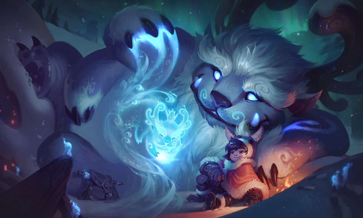 Willump on his back, creating a magical, ethereal version of himself which Nunu--dressed in an orange poncho, decorated with fur--is looking at. They are both sat in snow, trees and the Northern Lights visible in the background.