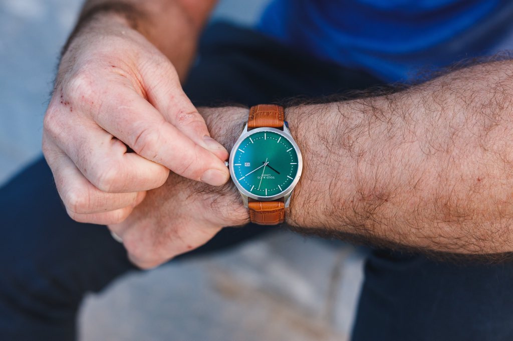 Striking combination of green and tans with our TC29 with tan croc leather. Back in stock now. #toldandco #luxury #watches