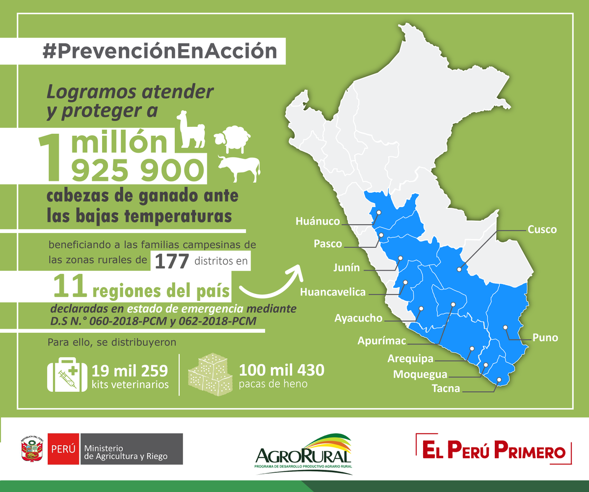 agroruralPER's tweet photo. #PrevenciónEnAcción 👨‍🌾🐂❄🗻| El @minagriperu, a través de #AgroRural  atendió a más de 1 millón 900 cabezas de ganado ante las heladas y nevadas en 177 distritos en 11 regiones del país. [#NotaDePrensa] ➡https://t.co/j72Cr7FMxu
#ElPerúPrimero 🇵🇪 https://t.co/hSrhGTw5Lj