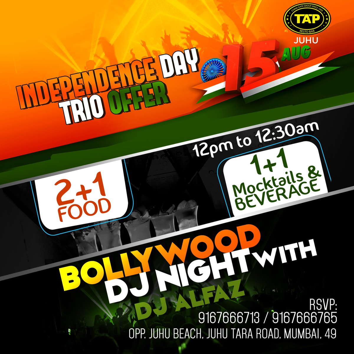 TAPRestorbar's tweet photo. Celebrate Freedom with DJ Alfaz at #TAP #Juhu on 15th August, Wednesday from 12:00 PM to 12:30 AM.
RSVP: 9167666713 / 65
#TrioOffer #DJNight #Restaurant #Nightlife #Foodforlife #foodlove #TAPRestobar #Mumbai #IndependenceDay #IndiaIndependence #71stIndependence #India #Indian https://t.co/Mc4qlcqbFI