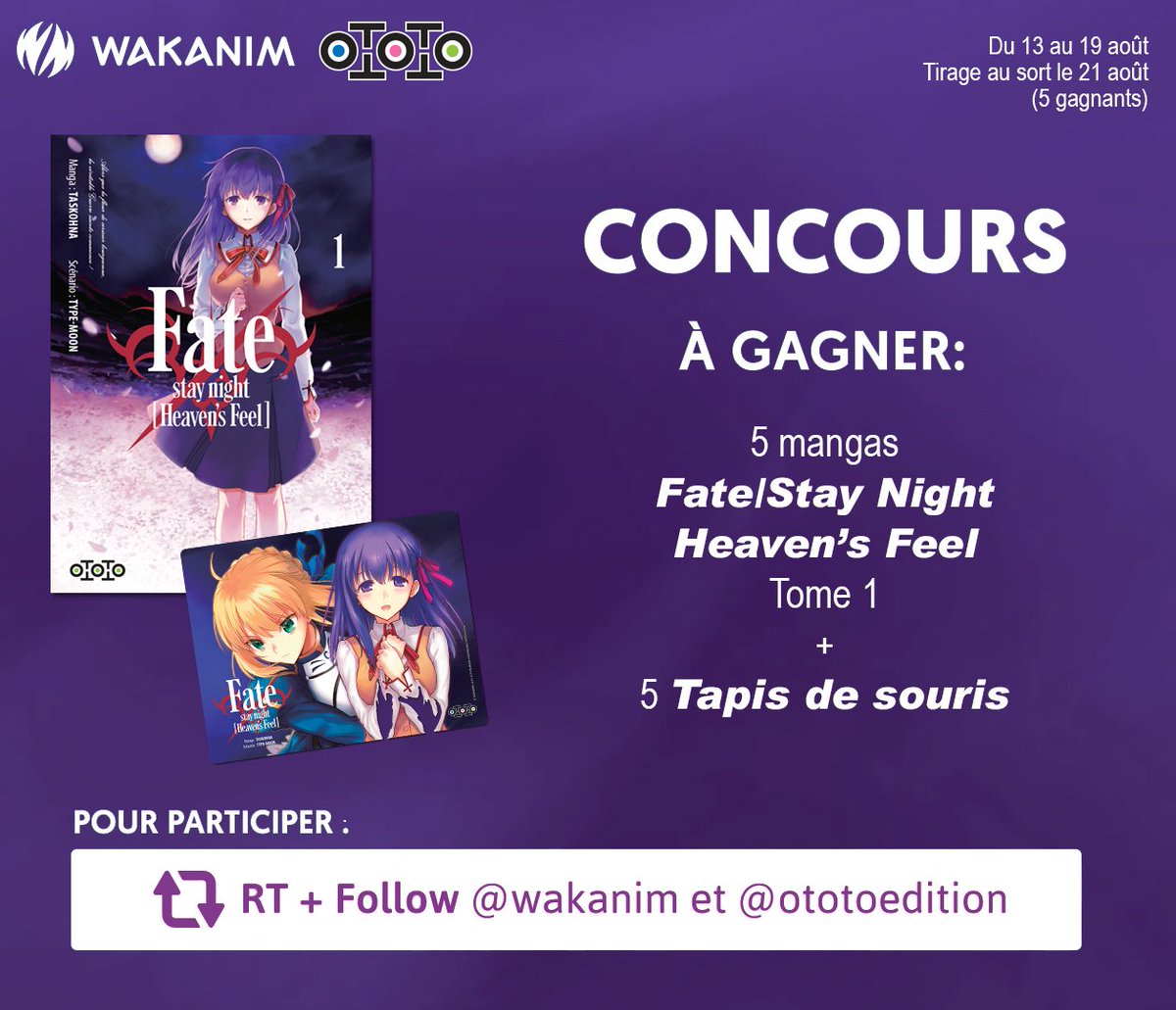 Wakanim's tweet photo. 📚 Concours 📚

5 exemplaires du manga #FateHeavensFeel à gagner !
Sortie le 24 aout en librairie, et le film toujours disponible sur Wakanim !

Pour participer : RT + Follow @Wakanim et @Ototoedition  

TAS le 21/08 🙏 https://t.co/ElP190Igz1