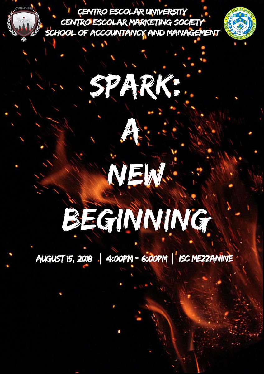 OneCemars's tweet photo. Join us, as we begin to witness this new chapter.
Centro Escolar Marketing Society's 1st General Assembly entitled "SPARK: A NEW BEGINNING" on August 15, 2018 at the ISC Mezzanine.
Spark and exhibit yourself!
#CEMARS2018
#1STGeneralAssembly
#SparkANewBeginning https://t.co/KsDp3TbBNL