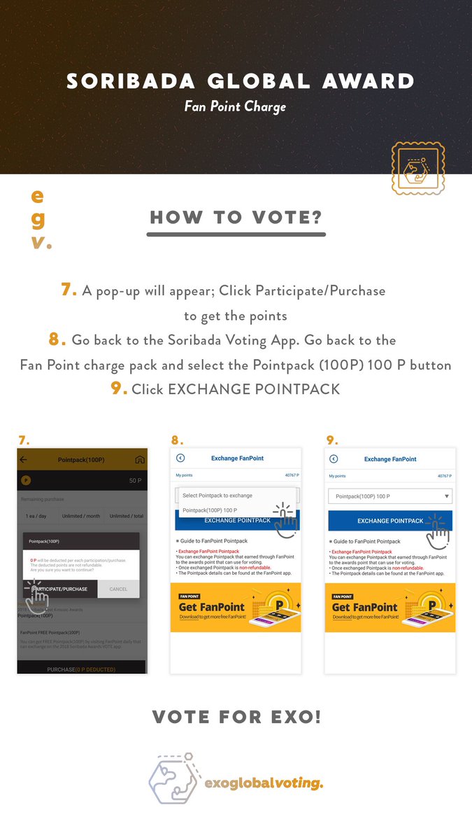 EXOGlobalVoting's tweet photo. 🗳 How to use FanPoint for Soribada Global Awards
⏱: 08/24
📈: #1, continue to vote to maintain rank
🔗:
https://t.co/7WyOm44TKX
https://t.co/4jeqkrQe6d

EXO-L, RT to spread the tutorial ✨
When we come together, nothing is impossible! https://t.co/Ec6yszp2TG