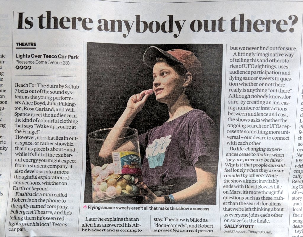 PoltergeistTC's tweet photo. "WAKE UP, YOU'RE AT THE FRINGE!" - lovely ⭐⭐⭐⭐ review this morning in @scotsman_arts!

We're halfway through the run, but tickets are now sold out until Saturday, so grab them while you can alien hunters! 👽

🎫https://t.co/QMljsNgL41 https://t.co/PKStDgDmF3