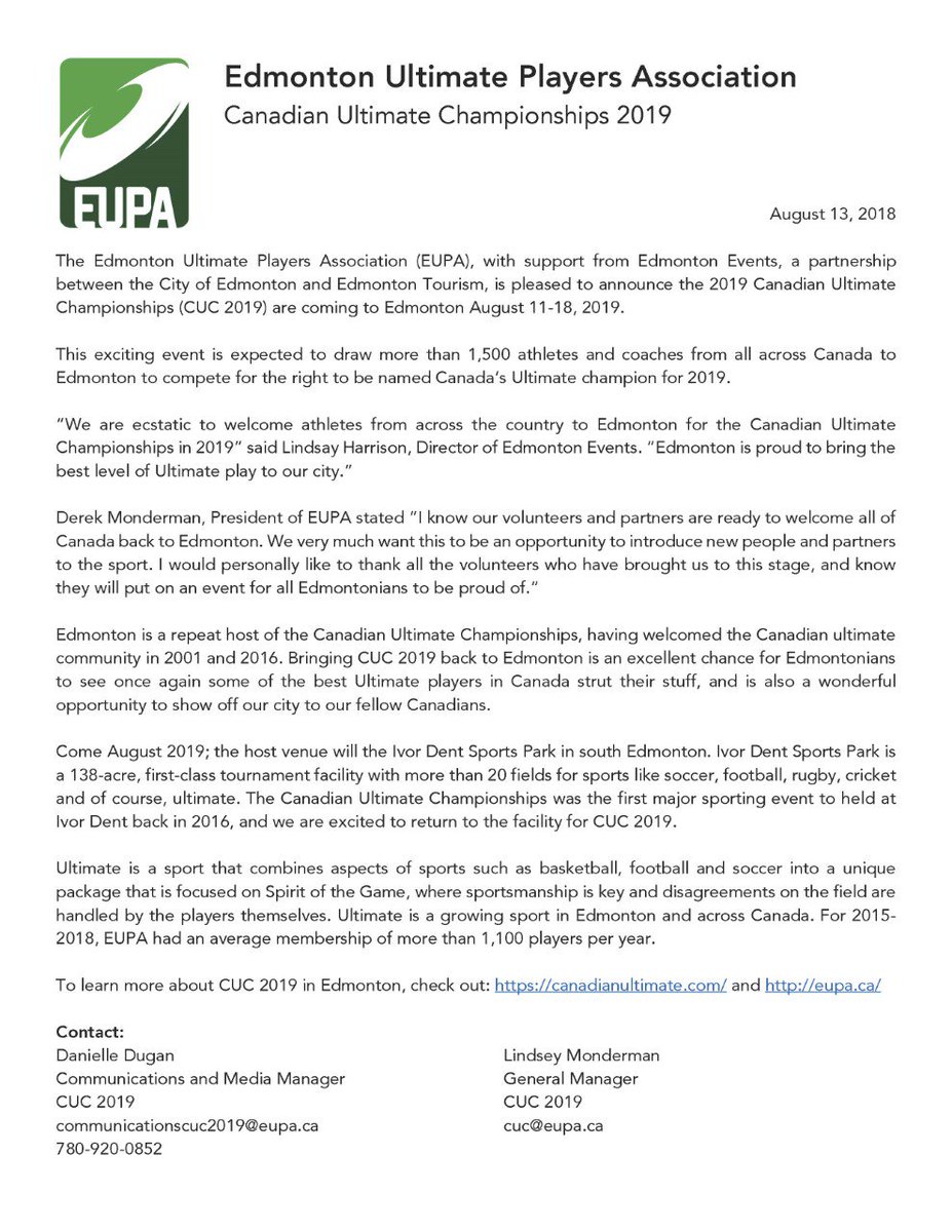 EUPA, with support from Edmonton Events, a partnership between the City of Edmonton and Edmonton Tourism, is pleased to announce the 2019 Canadian Ultimate Championships (CUC 2019) are coming to Edmonton August 11-18, 2019.
#yegevents #yeg #ExploreEdmonton