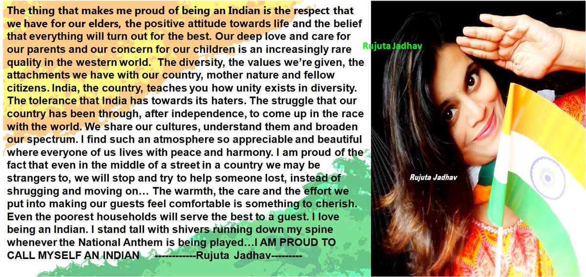 Rujulicious's tweet photo. @BeWorldIndia #BEWorld #IndependenceDay #ContestAlert #Freedom #watan #India #Independence #August15 #BEWorldIndia I am proud to be an Indian because 👇👇👇 #MereWatan @vinij25
@ShriJ03
@nidhin_86
@cutypiyu86
@Dhritu1
@mansiirao86
@appuslyf
@TarakKalsekar 
@poonam_216 
@sudhsj10 https://t.co/NZk8u75NWY