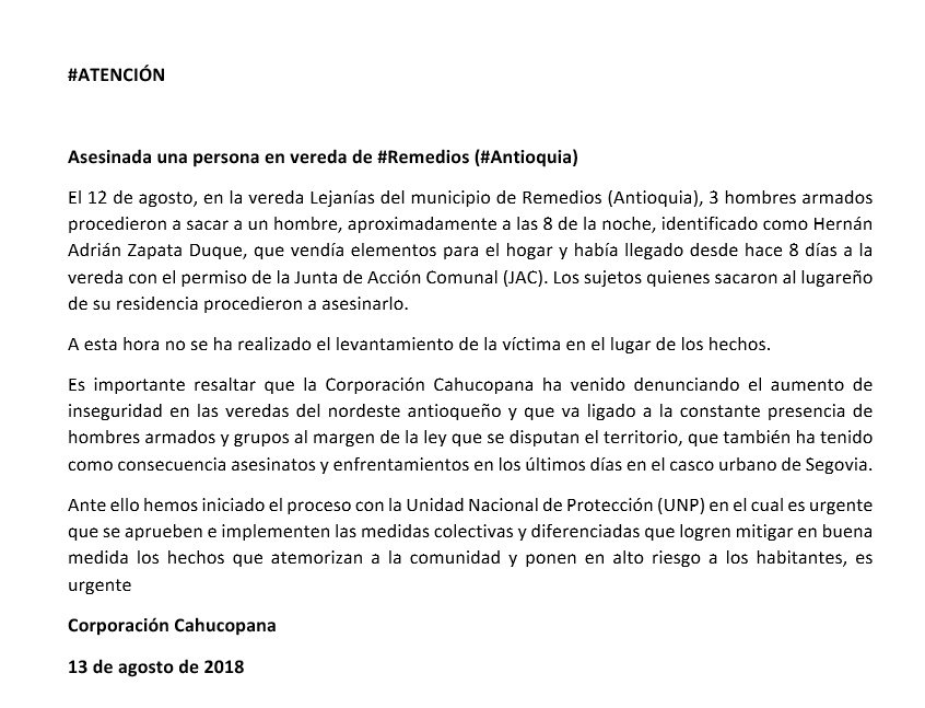 CAHUCOPANA's tweet photo. #Antioquia

Cahucopana insta a la @UNPColombia de manera urgente a aprobar e implementar medidas colectivas y diferenciadas, que incluya las casas de refugio humanitario, en la zona rural de #Remedios y Segovia ante el aumento de violencia. https://t.co/zwylRxsGSV