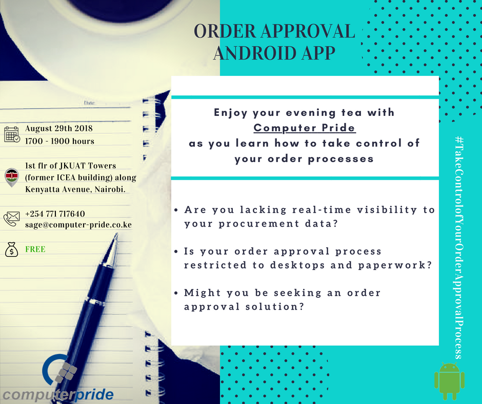Computer_Pride's tweet photo. The Order Approval #Android App is integrated with #Sage Evolution.
The App that streamlines the order approval process and ensures, quick release of documents while enhancing #productivity.
#FreeTeaSession
#TakeControlOfYourOrderApprovalProcess https://t.co/j1aKvqNiJ5