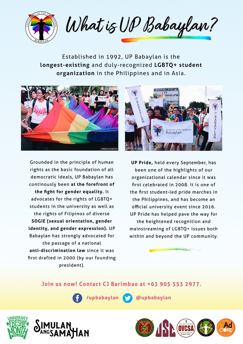 upbabaylan's tweet photo. Come be part of our growing family!
Drop by our booth (Tent 11) at #Sali, this year's Organization and Community Fair 2018 on August 14-16 at the AS Parking Lot!
#OCF2018
#UFM2018
#SimulanAngSamahan https://t.co/U2tHN4tJUy