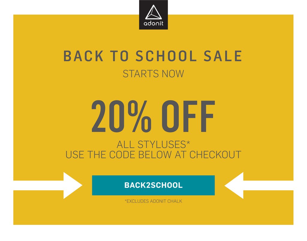 AdonitNews's tweet photo. Today we're kicking off the Adonit Back to School Sale! Get 20% off ALL STYLUSES with the code BACK2SCHOOL at checkout.
#adonitpixel #adonitpixelpro #adonitsnap2
#adonitink #adonitinkpro #adonitdash3 #adonitpro3 #adonitmini4 #adonitdroid #adonitmark #adonitswitch #backtoschool https://t.co/DZTFb8vuSW