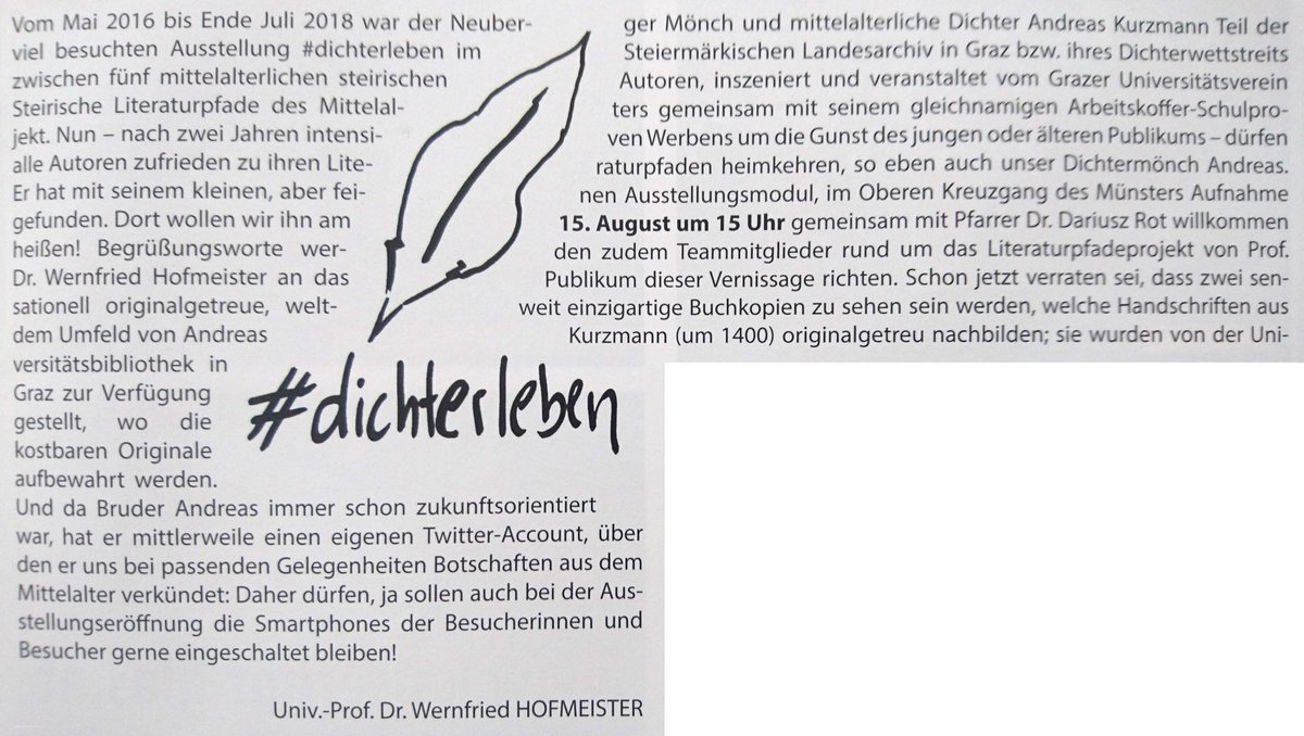 Endlich ist es soweit - ich kehre an meinen #Literaturpfad nach #Neuberg zurück! Genauer gesagt in den Oberen Kreuzgang des Münsters! Dies wird natürlich gefeiert, und zwar mit einer Vernissage am 15.08. um 15 Uhr - nicht verpassen! #dichterleben #Einladung #Eröffnung