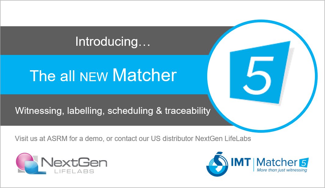 IMT_Matcher's tweet photo. We're already getting excited about for #ASRM2018 - we'll be next to our US distributors @nextgenlifelabs and we'll be showing off our new and improved #Matcher5 #electronicwitnessing, labelling, scheduling and traceability system for #IVF clinics and donor banks https://t.co/fGJiwTCJyo